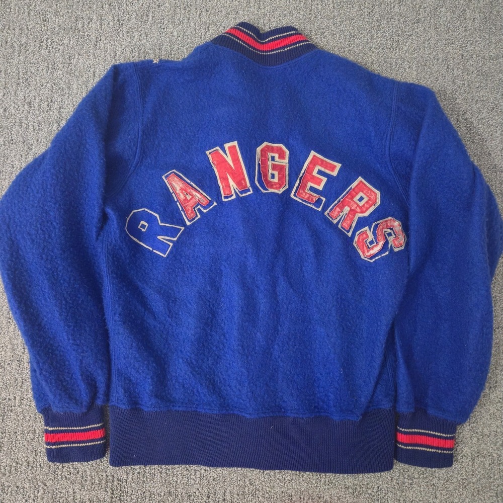 VTG 1970s New York Rangers NHL Varsity Jacket Spell Out Logo Distressed Size S
